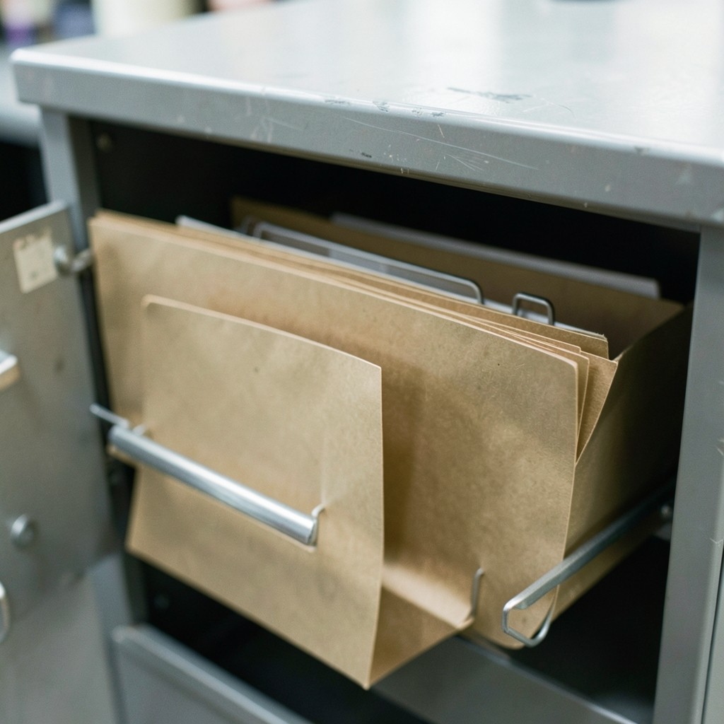 Empty slot in a filing cabinet drawer with surrounding labelled folders