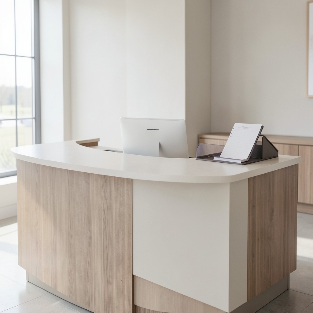 Reception desk with visitor sign-in book and discreet file tray