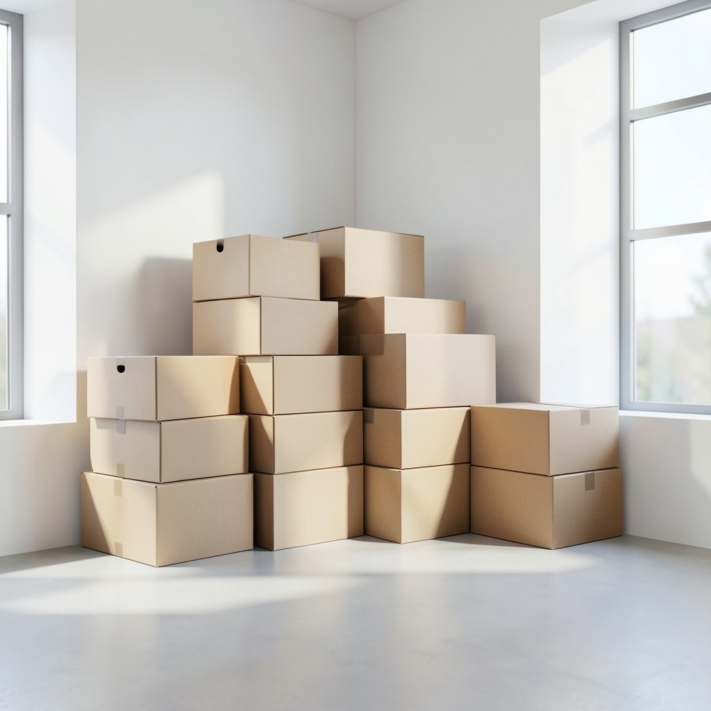 Neatly stacked archive boxes in soft natural light