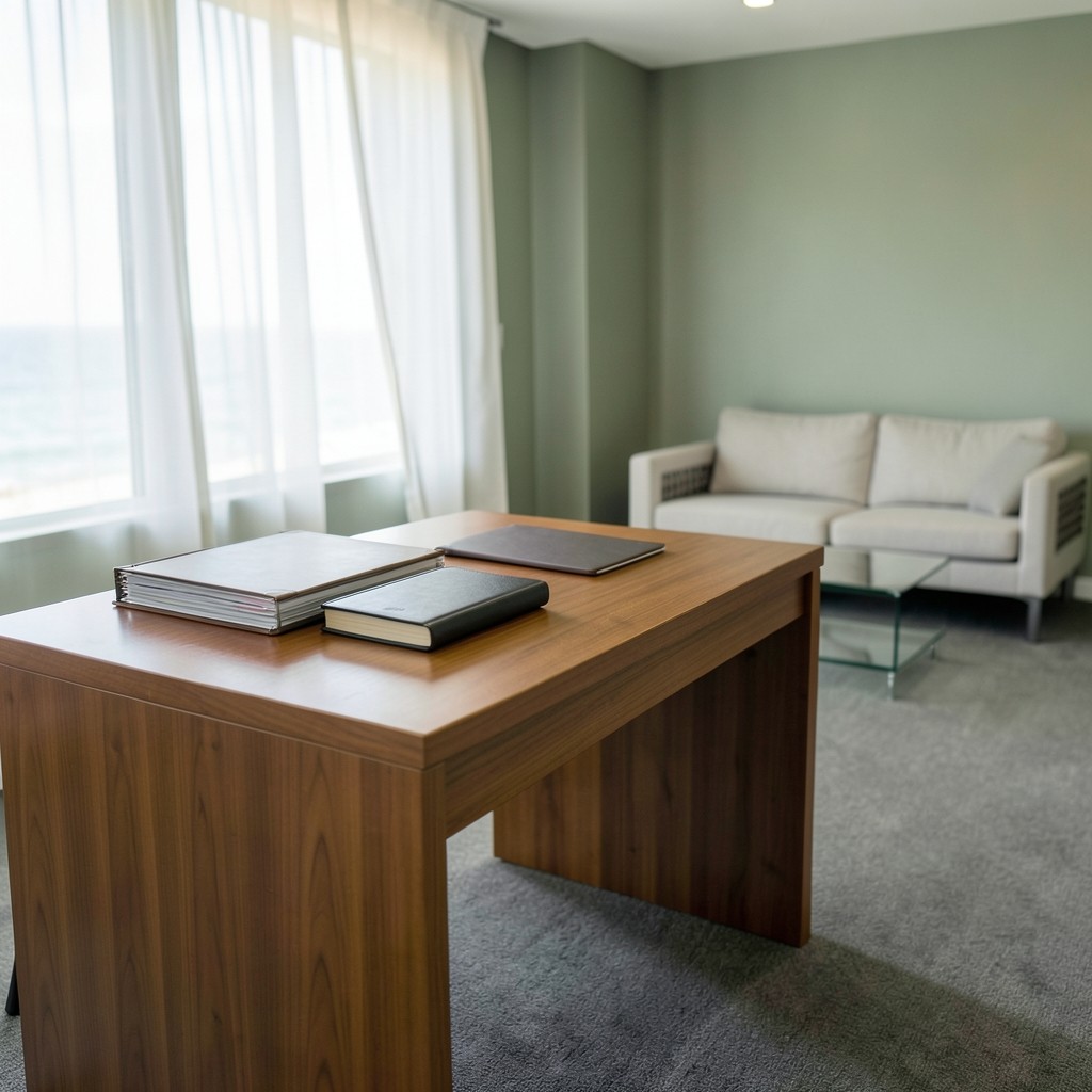 Calm advisory workspace with organised client files and soft coastal daylight