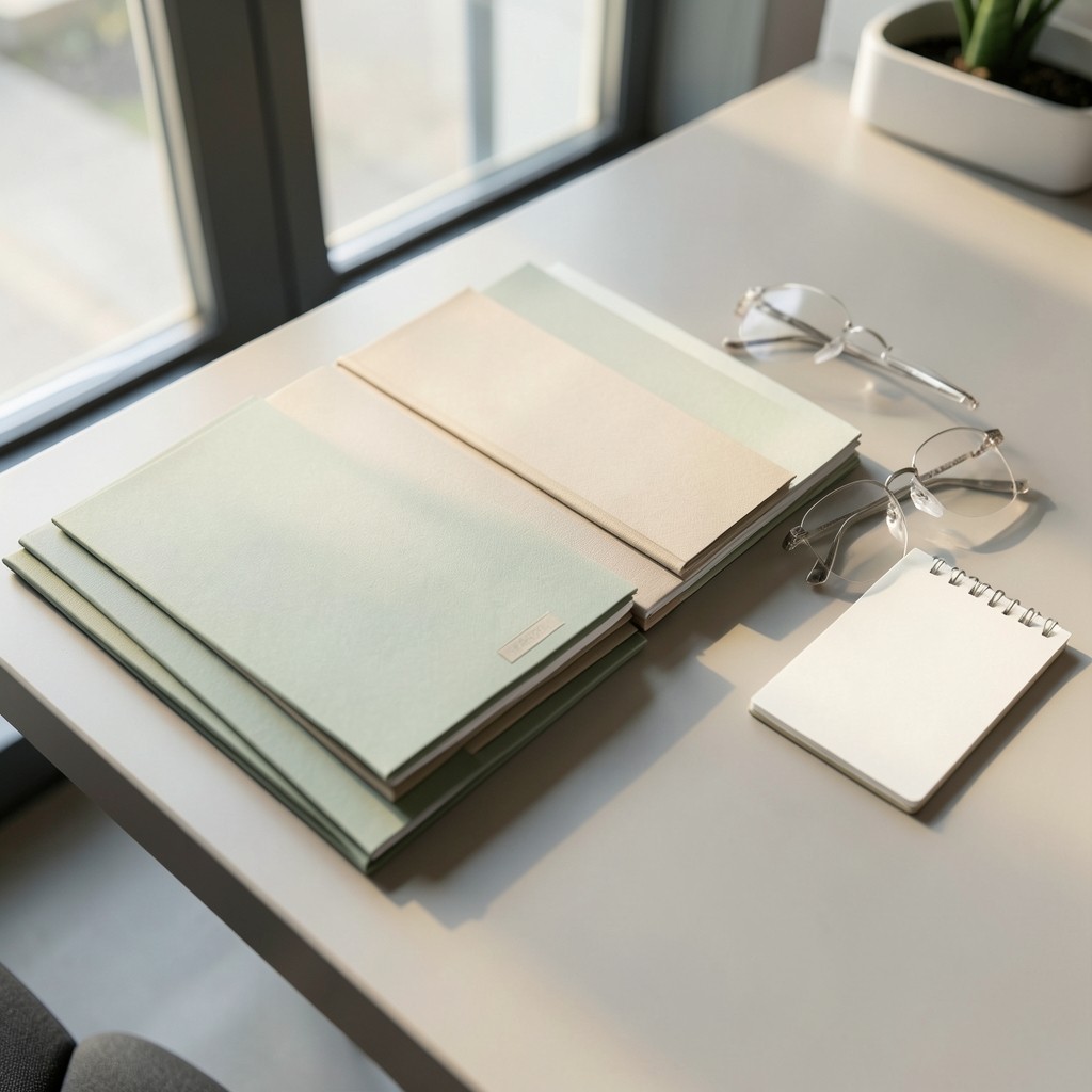 Advisor reviewing organised client file folders on a desk in a quiet Mossel Bay office