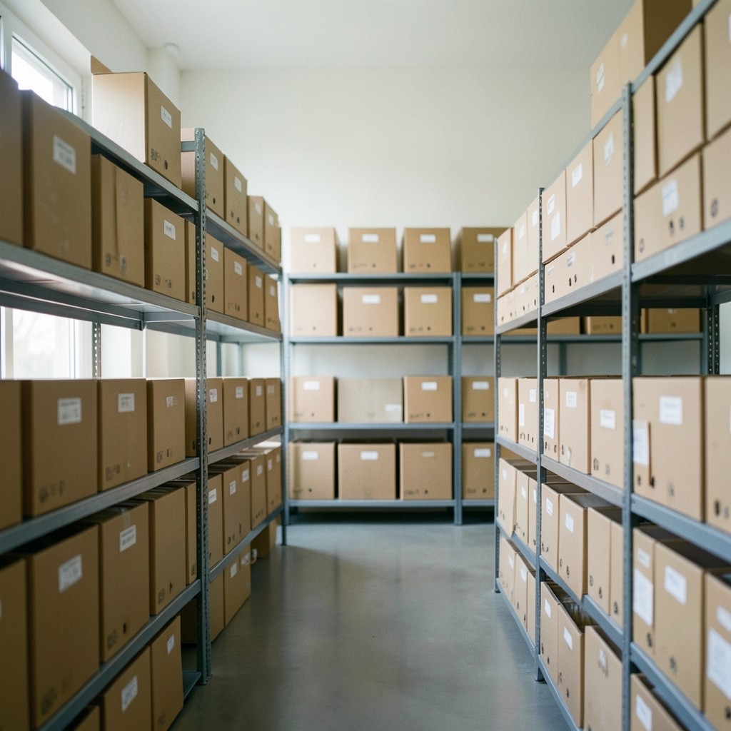 Archived document boxes labelled by year on shelving in a records room