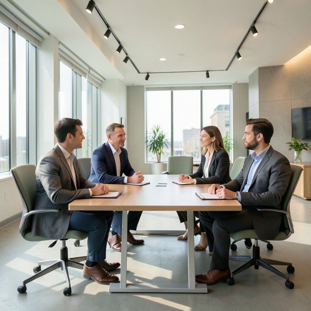 Small team seated around a table during a client-file handling briefing